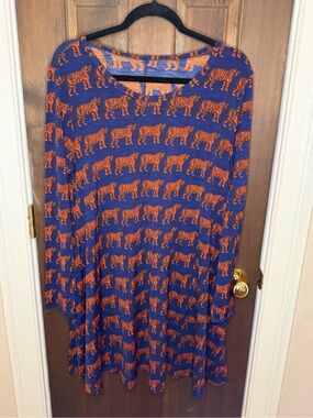 Sol R.H.R. Tiger Print Swing Dress XL Blue Orange Long Sleeve Novelty USA Made
